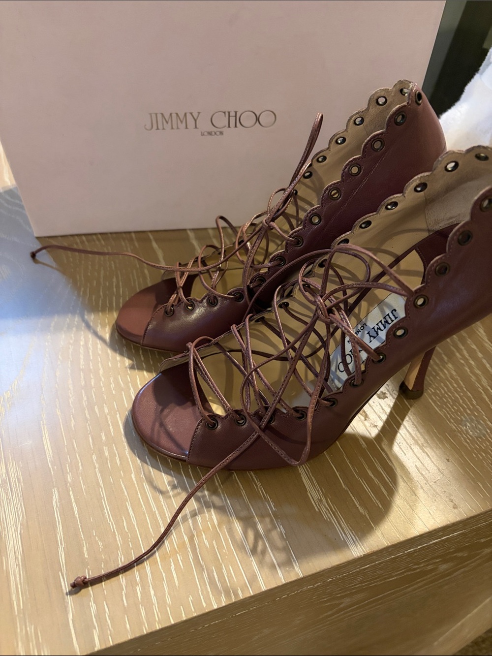 Jimmy Choo Burgundy Lace-Up Scalloped High Heels